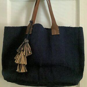 J.Jill dark blue tasseled jute tote bag